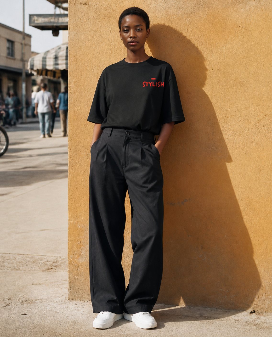Model in the black oversized tee